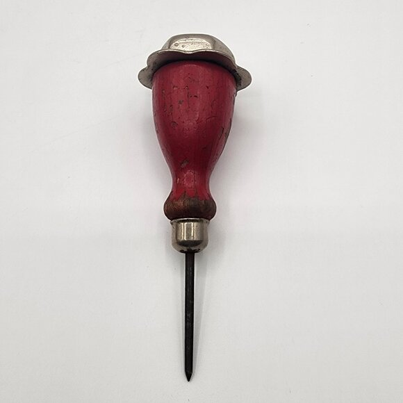Vintage Red Wood Handle Awl Ice Pick Metal Ice-Cracker Metal Cap Top 5.25" short - Picture 1 of 5